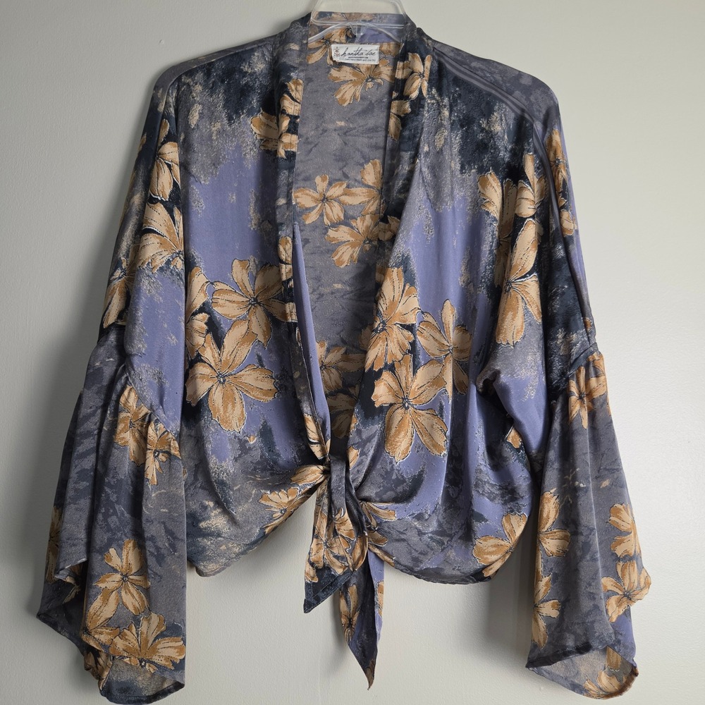 Kantha Bae Floral Tie Front Bell Sleeve Wrap Top Dusty Blue Tan Boho Festival OS